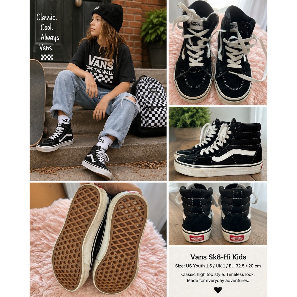 Vans Sk8-Hi Kids Sz 2 Black White Suede Canvas High Top Skate Sneakers